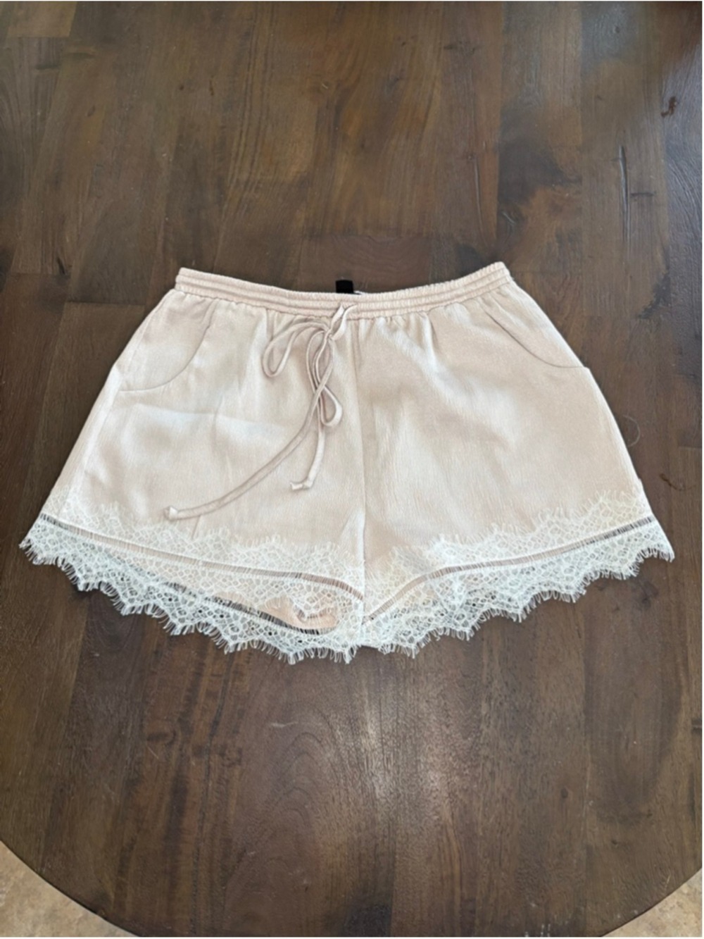 Free Press Beige Lace Trim Shorts S, elastic waist, pale pink lingerie style